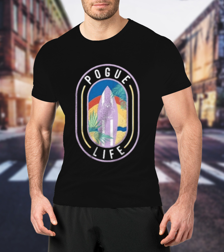 Pogue Life Surfboard And Palm Tree Colorful Tropical T-Shirt
