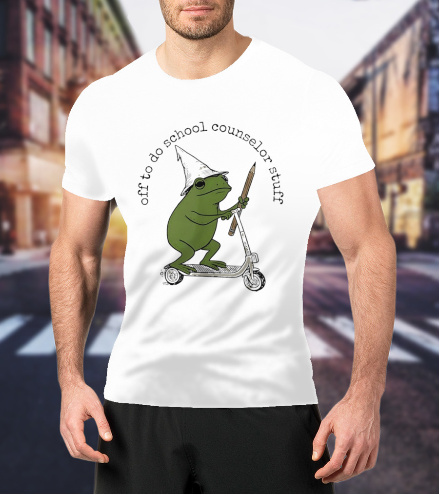 Frog Off To Do School Counselor Stuff With Wizard Hat Riding Scooter T-Shirt