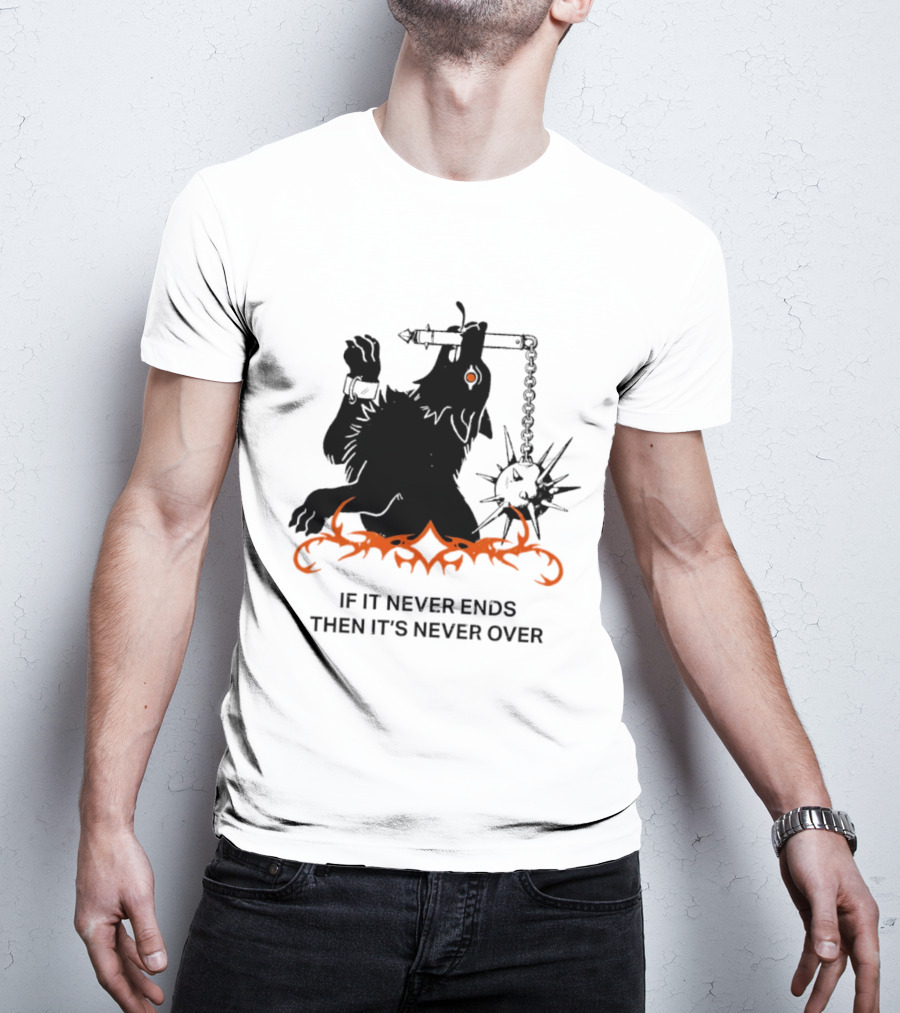 If It Never Ends Then It's Never Over Gothic Skeleton Warrior With Spiked Mace And Orange Flames T-Shirt