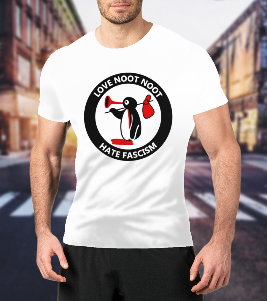 Love Noot Noot Hate Fascism Penguin Carrying Red Bag T-Shirt