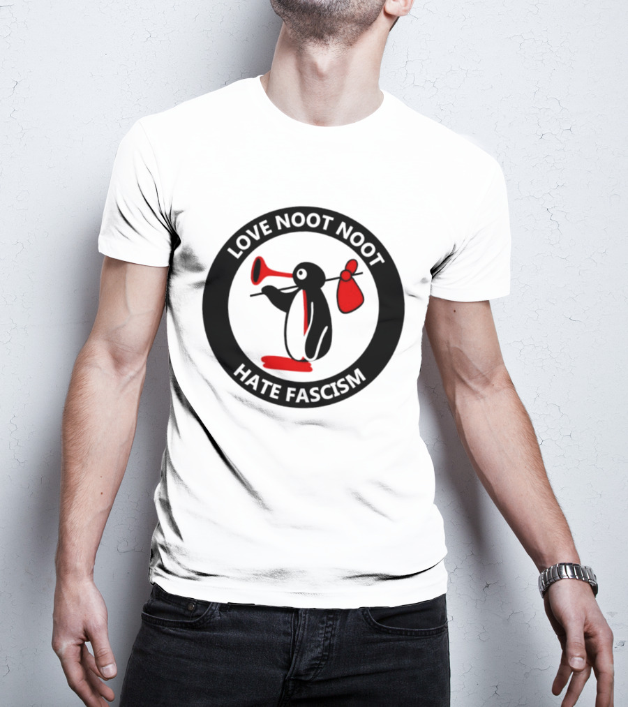 Love Noot Noot Hate Fascism Penguin Carrying Red Bag T-Shirt