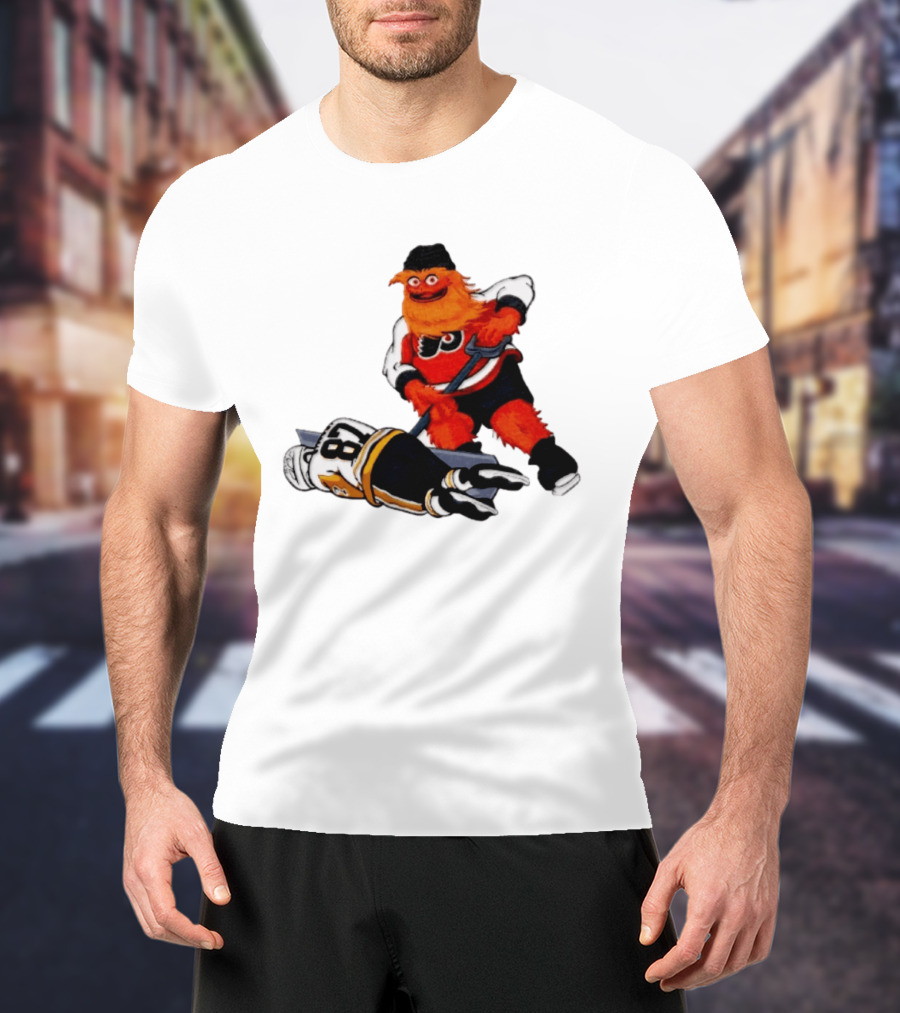 Philadelphia Flyers Gritty Shovelin' Cartoon With Hockey Rivalry Scene T-Shirt