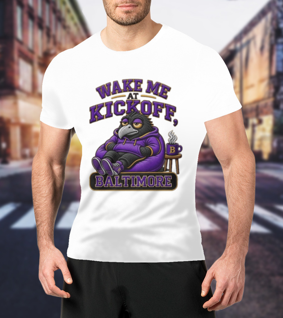 Wake Me At Kickoff Baltimore Purple Bird With Coffee T-Shirt