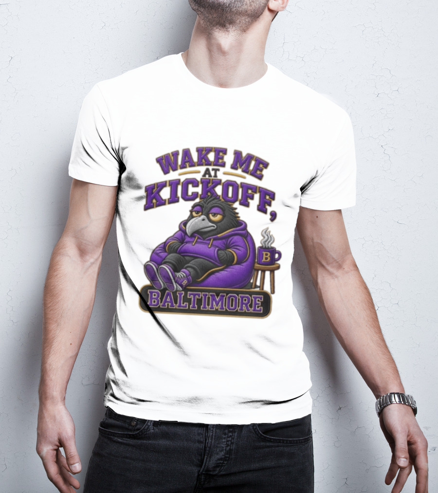 Wake Me At Kickoff Baltimore Purple Bird With Coffee T-Shirt