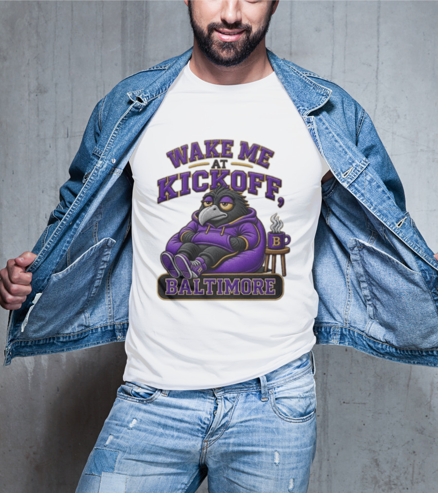 Wake Me At Kickoff Baltimore Purple Bird With Coffee T-Shirt