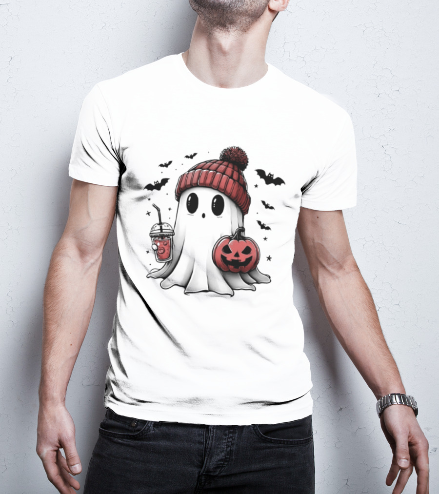 Ghost In Beanie With Pumpkin And Coffee Halloween 2026 T-Shirt