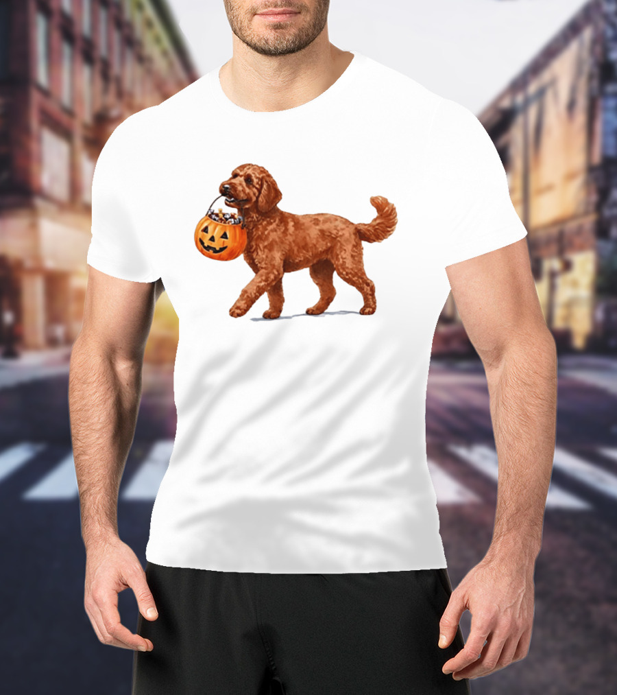 Goldendoodle Halloween Spooky Dog 2026 Pumpkin Treat Bucket T-Shirt