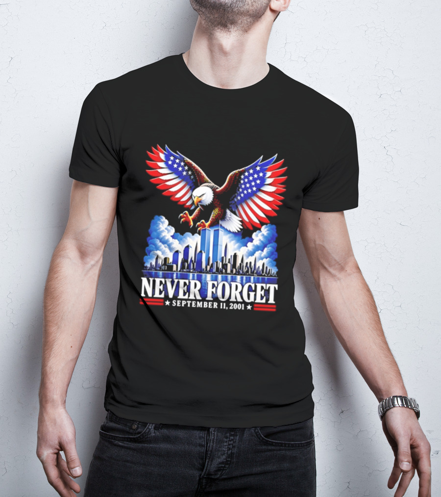 Never Forget September 11 2001 Eagle American Flag Twin Towers Memorial T-Shirt