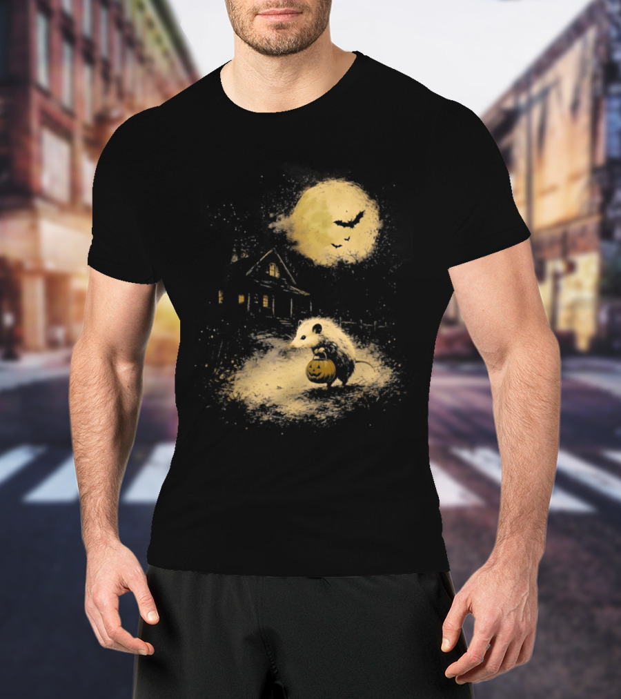 Opossum Halloween 2026 Pumpkin Spooky Moon Haunted House Scene T-Shirt