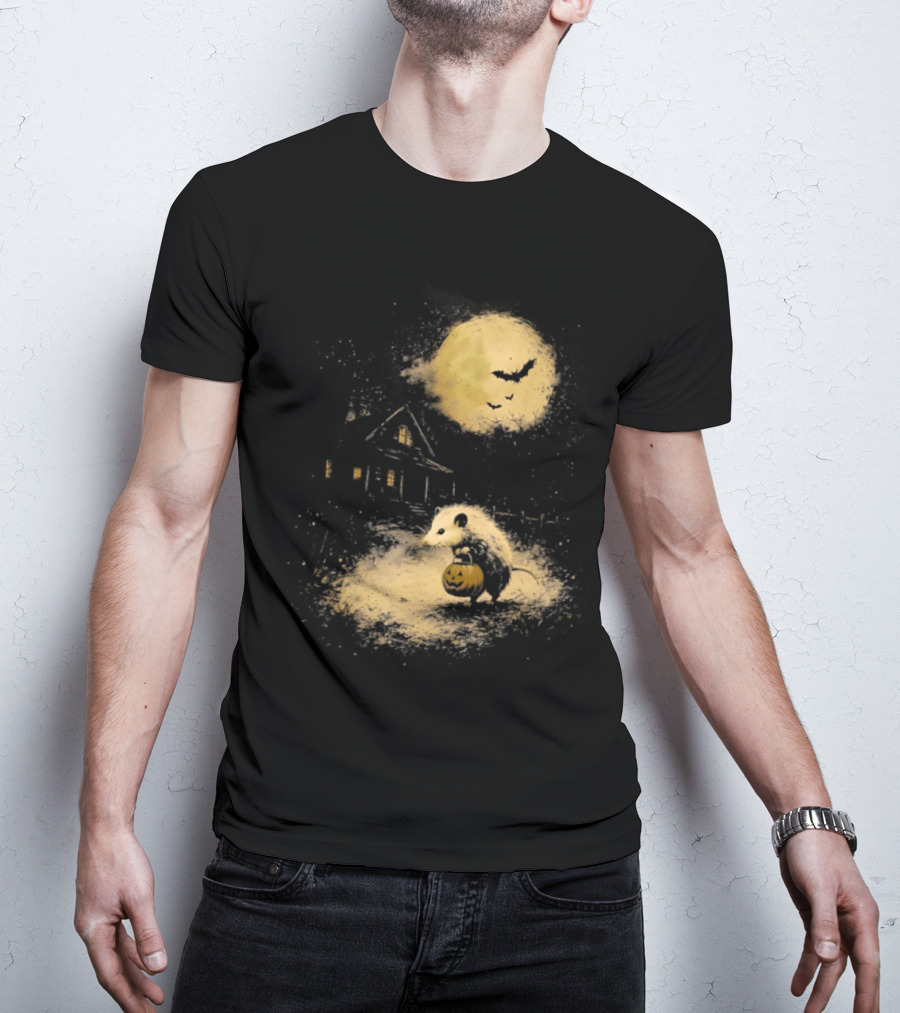Opossum Halloween 2026 Pumpkin Spooky Moon Haunted House Scene T-Shirt