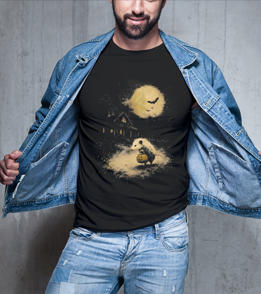 Opossum Halloween 2026 Pumpkin Spooky Moon Haunted House Scene T-Shirt