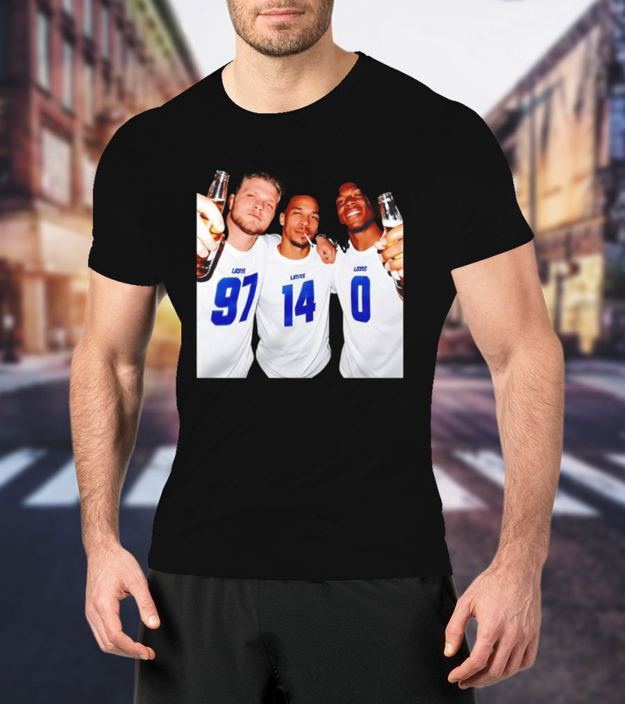 Detroit Lions Aidan Hutchinson Amon Ra St. Brown Jahmyr Gibbs Holding Beer Bottles Smoking Celebration T-Shirt