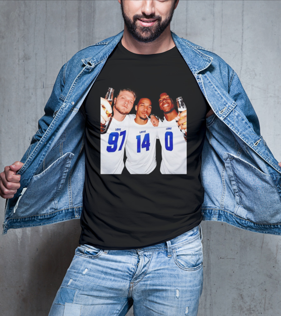 Detroit Lions Aidan Hutchinson Amon Ra St. Brown Jahmyr Gibbs Holding Beer Bottles Smoking Celebration T-Shirt