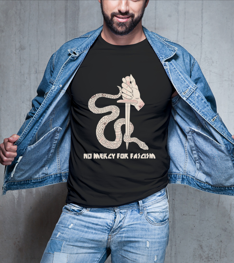 No Mercy For Fascism Snake Winding Around Dagger And Hand T-Shirt