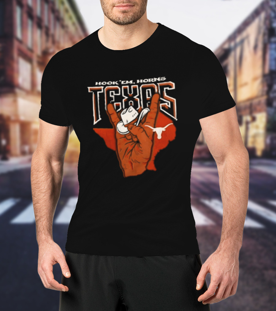 Hook 'em Texas Longhorns Hand Sign With Cowboy Hat And Longhorn T-Shirt