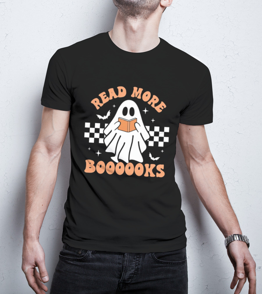 Read More Booooks Ghost Halloween Bat Checkerboard T-Shirt