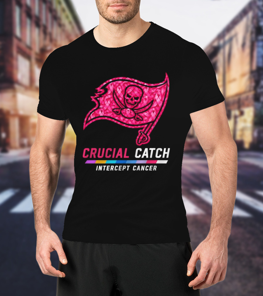 Tampa Bay Buccaneers 2026 Crucial Catch Intercept Cancer Pink Ribbon Flag T-Shirt