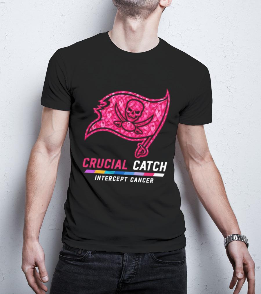 Tampa Bay Buccaneers 2026 Crucial Catch Intercept Cancer Pink Ribbon Flag T-Shirt