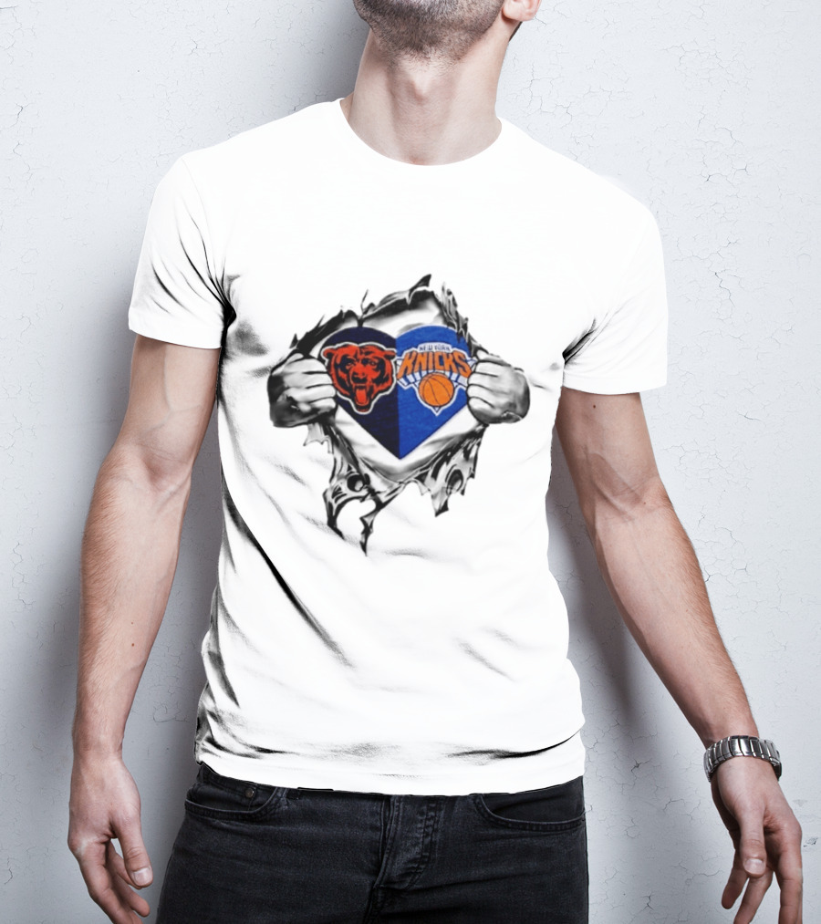 Chicago Bears New York Knicks Heart Symbol Fan Pride Collaboration T-Shirt