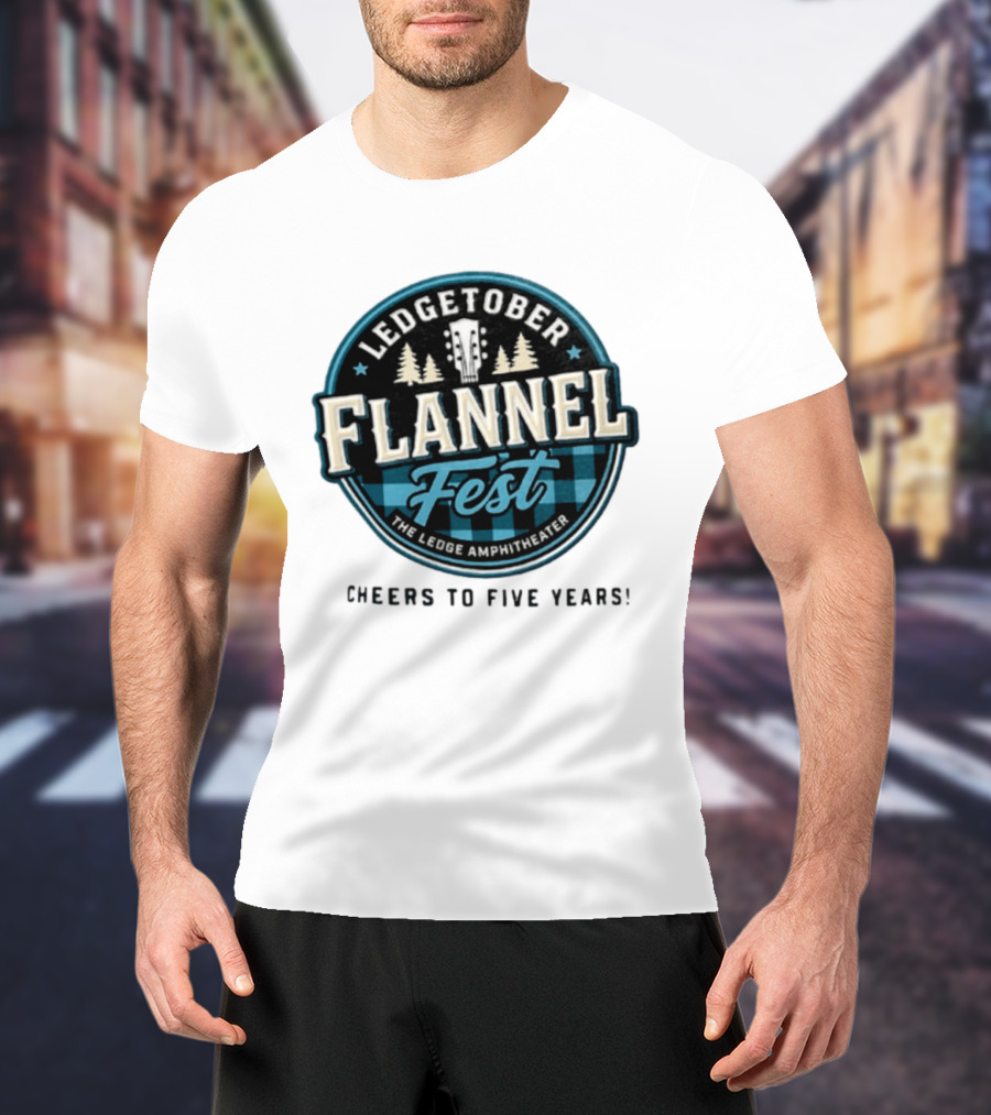 LedgeTober Flannel Fest The Ledge Amphitheater Cheers To Five Years Celebration With Trees And Guitar T-Shirt