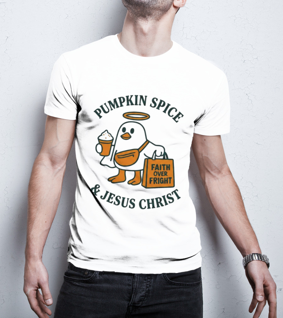 Pumpkin Spice Jesus Christ Faith Over Fright Angelic Penguin Coffee T-Shirt