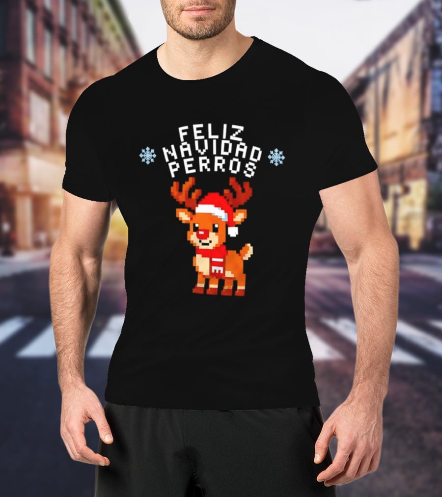 Feliz Navidad Perros Pixel Art Christmas Reindeer T-Shirt