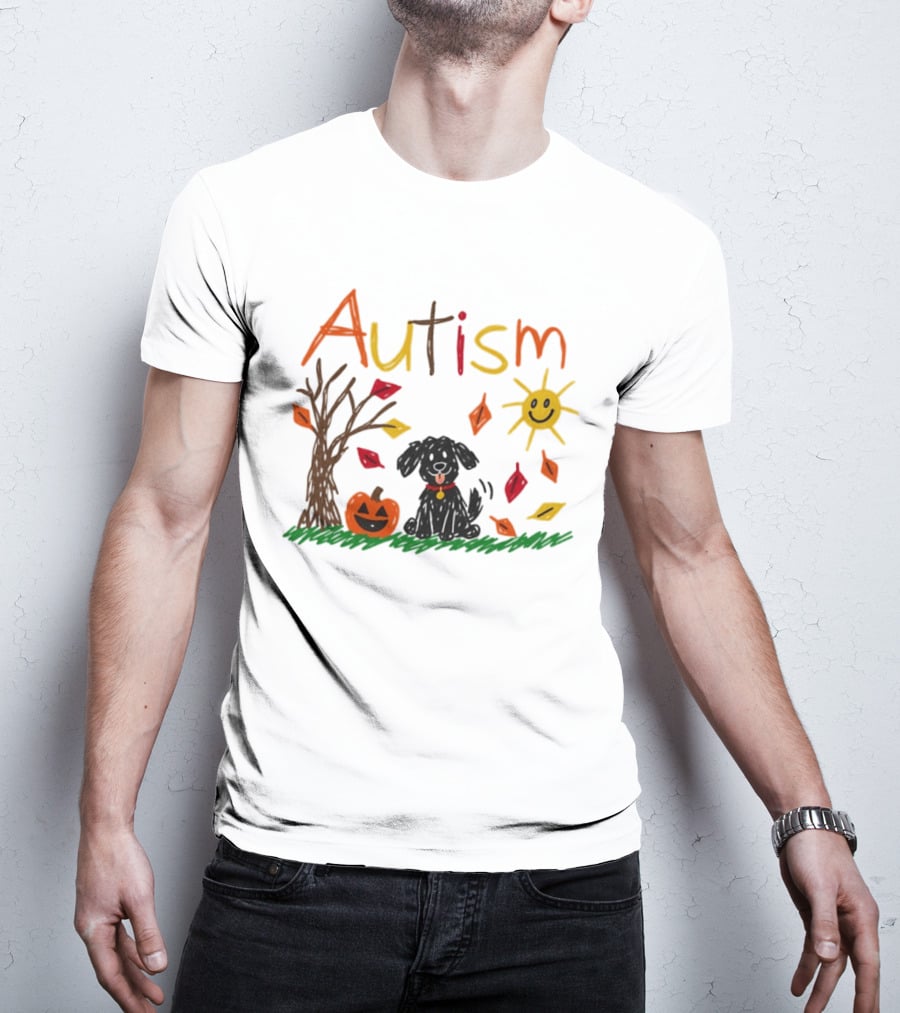 Autism Dog Pumpkin Halloween Fall Leaves Drawing T-Shirt