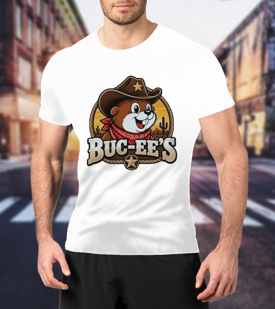 Buc Ee's Cowboy Howdy Beaver Star Bandana Cacti Desert Scene T-Shirt