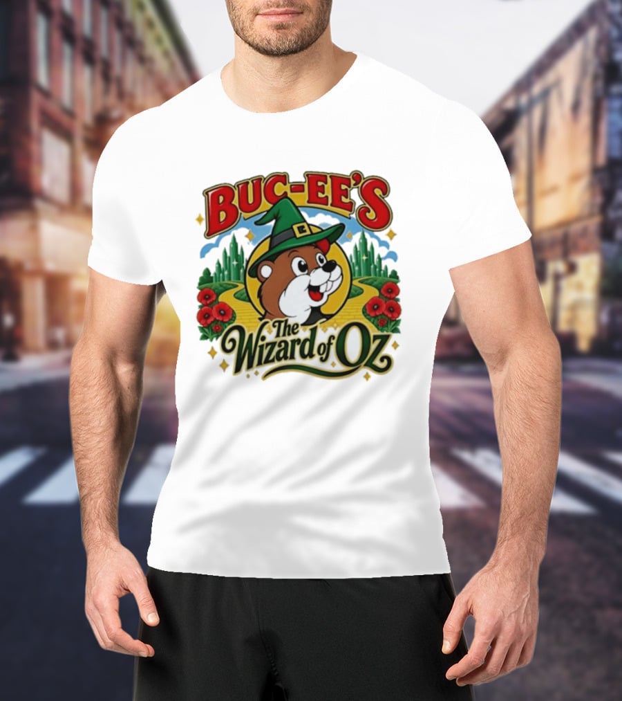 Buc Ee's The Wizard Of Oz Themed Parody With Beaver In Green Hat And Yellow Brick Road T-Shirt