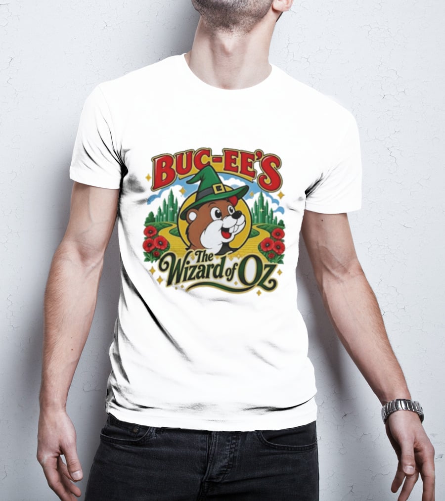 Buc Ee's The Wizard Of Oz Themed Parody With Beaver In Green Hat And Yellow Brick Road T-Shirt