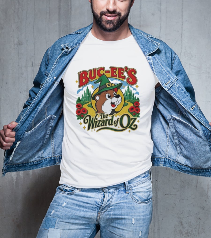 Buc Ee's The Wizard Of Oz Themed Parody With Beaver In Green Hat And Yellow Brick Road T-Shirt