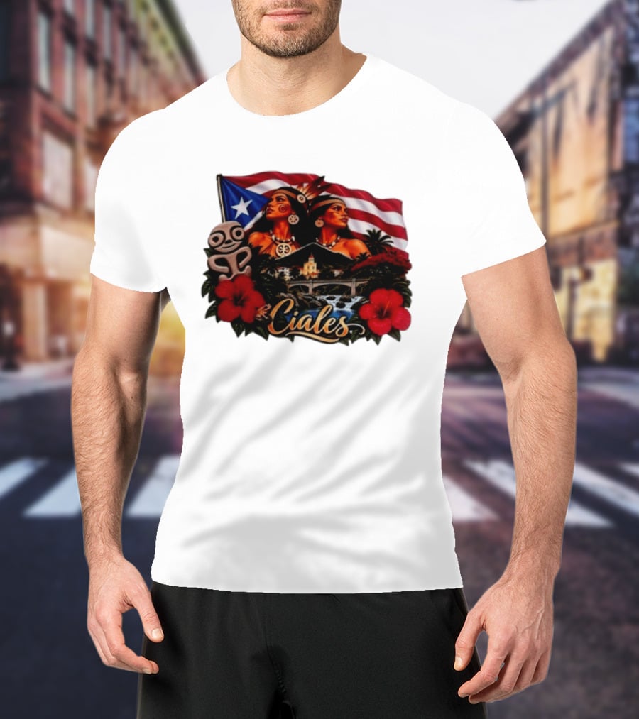 Ciales Puerto Rico Taino Women With Flag Hibiscus Flowers And Indigenous T-Shirt