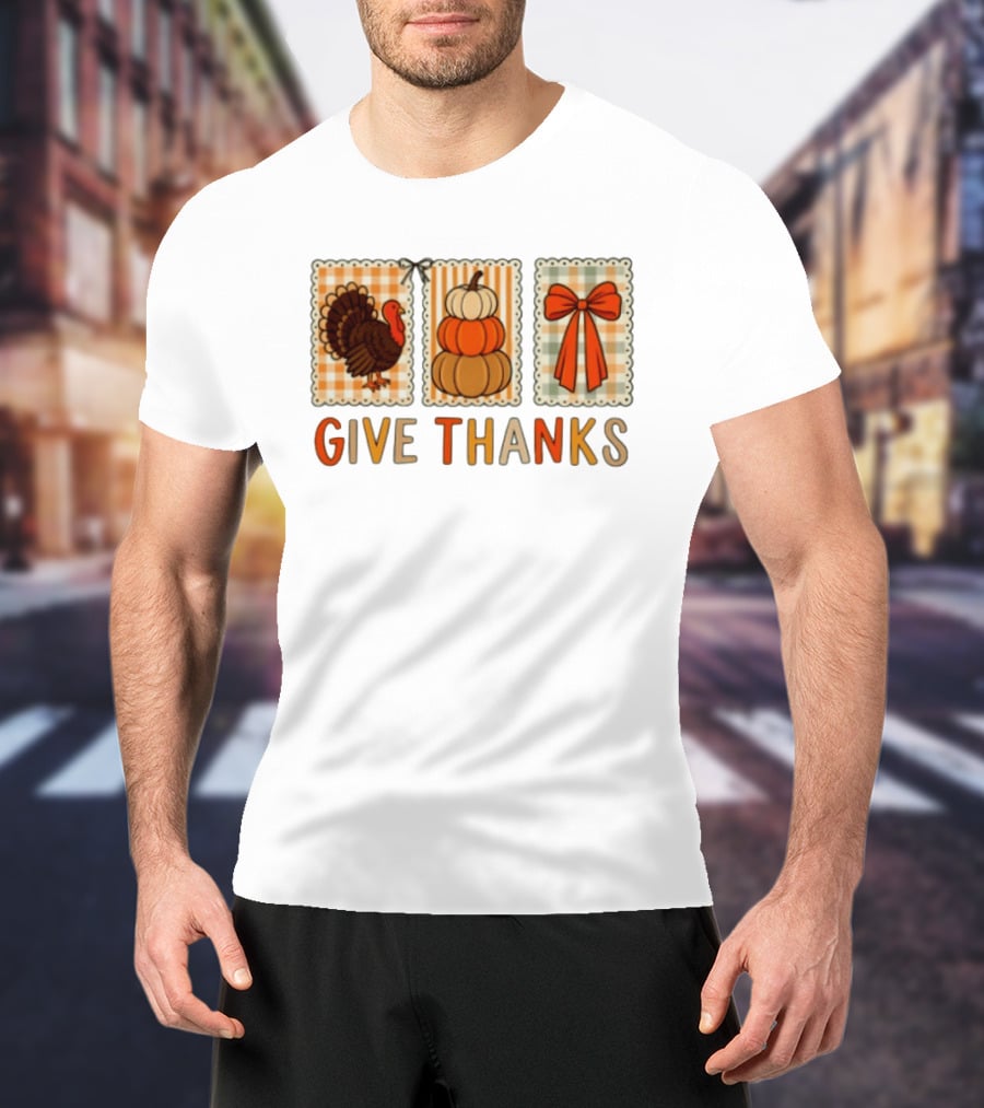 Thanksgiving Give Thanks Turkey Pumpkin Bow Harvest Celebration T-Shirt