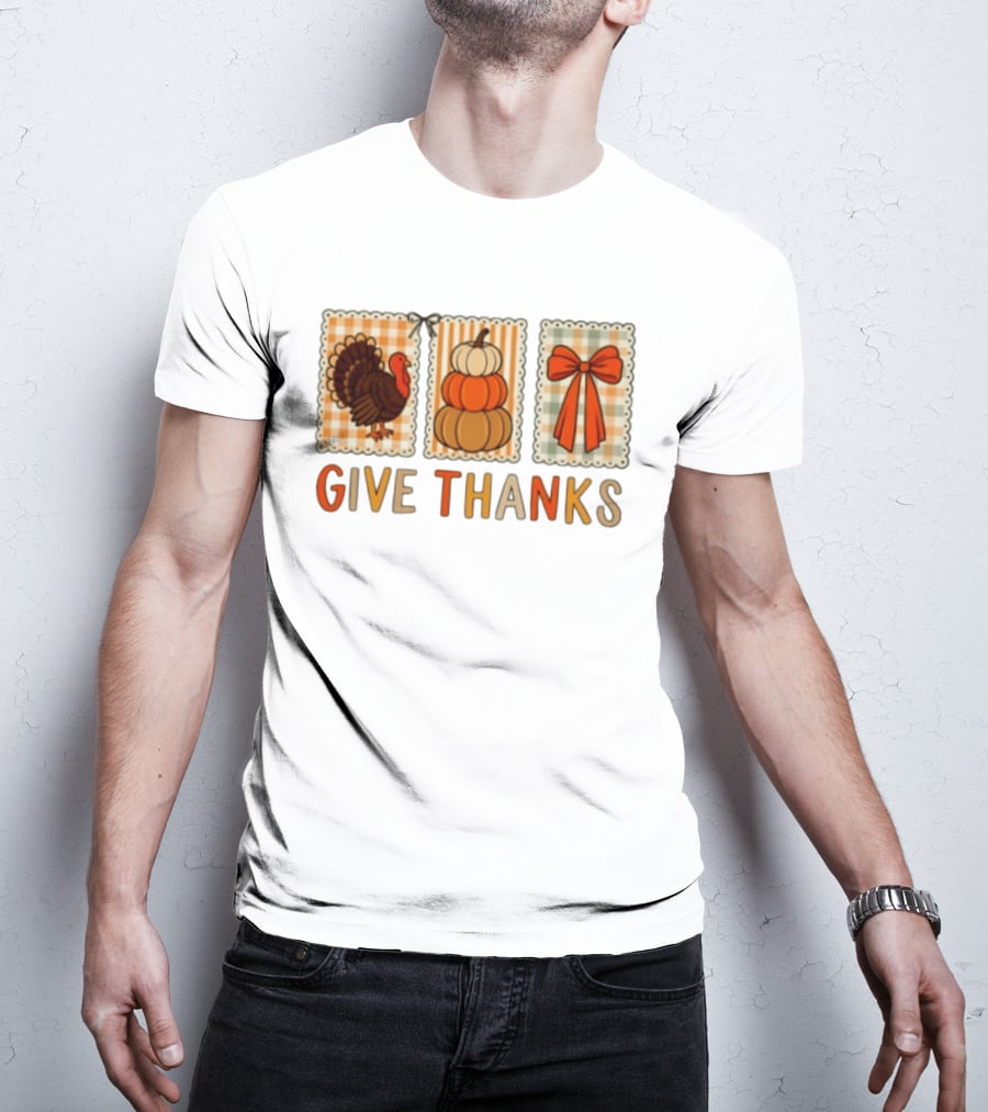 Thanksgiving Give Thanks Turkey Pumpkin Bow Harvest Celebration T-Shirt