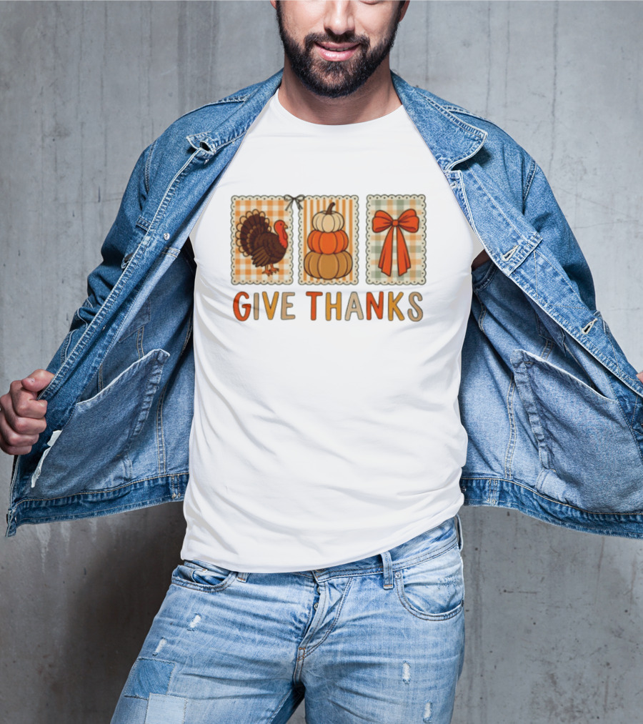 Thanksgiving Give Thanks Turkey Pumpkin Bow Harvest Celebration T-Shirt