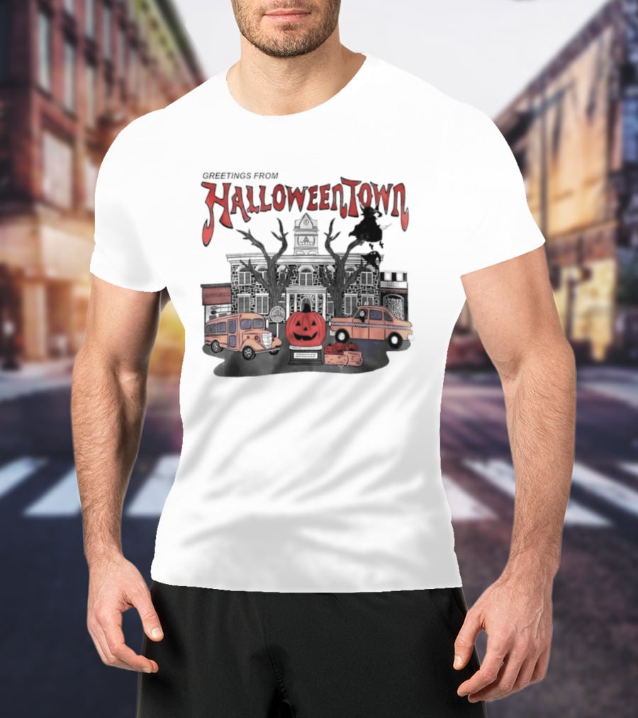 Greetings From Halloweentown Pumpkin Bus Witches Taxi T-Shirt