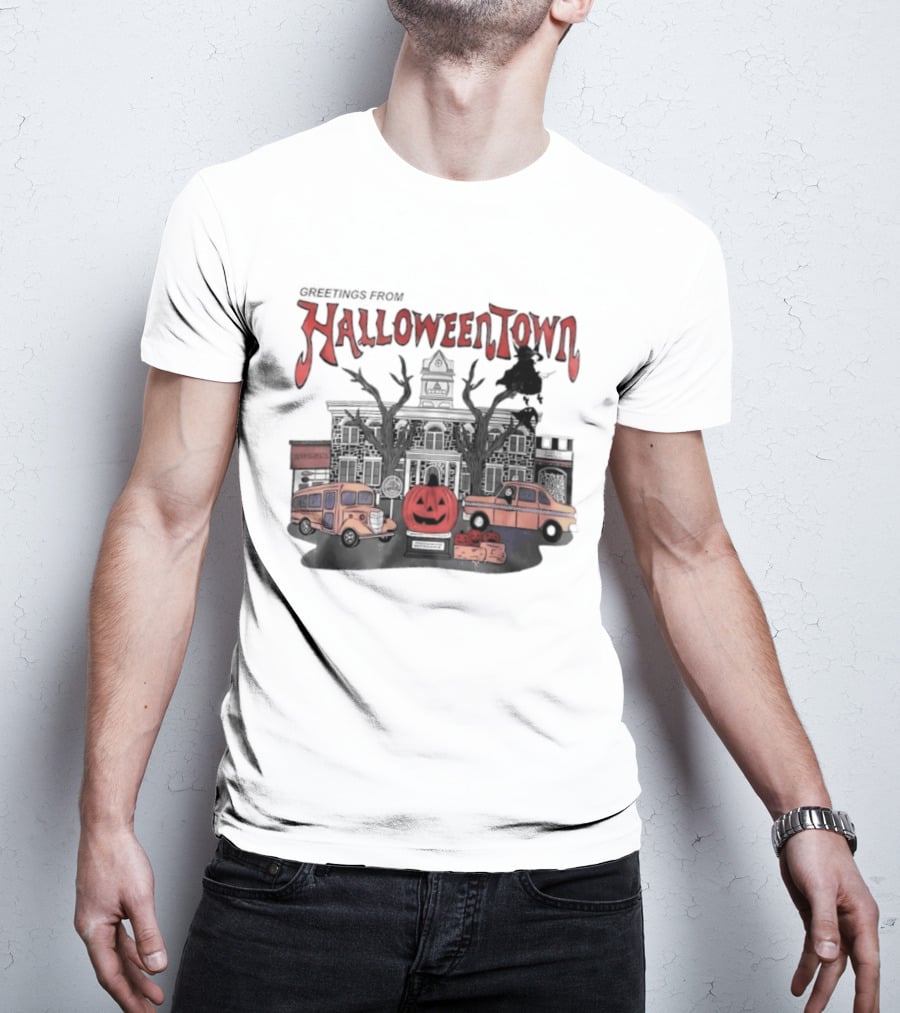 Greetings From Halloweentown Pumpkin Bus Witches Taxi T-Shirt