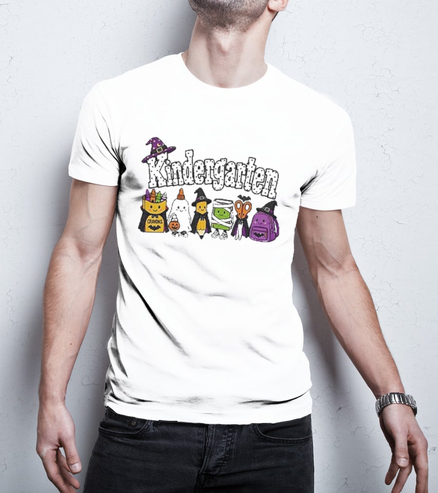 Kindergarten Crayons Ghost Bat Pumpkin Mummy Scissors Backpack Halloween T-Shirt
