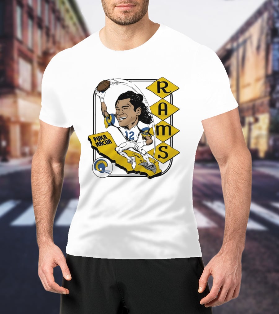 Los Angeles Rams Puka Nacua Caricature Football Player California Map T-Shirt