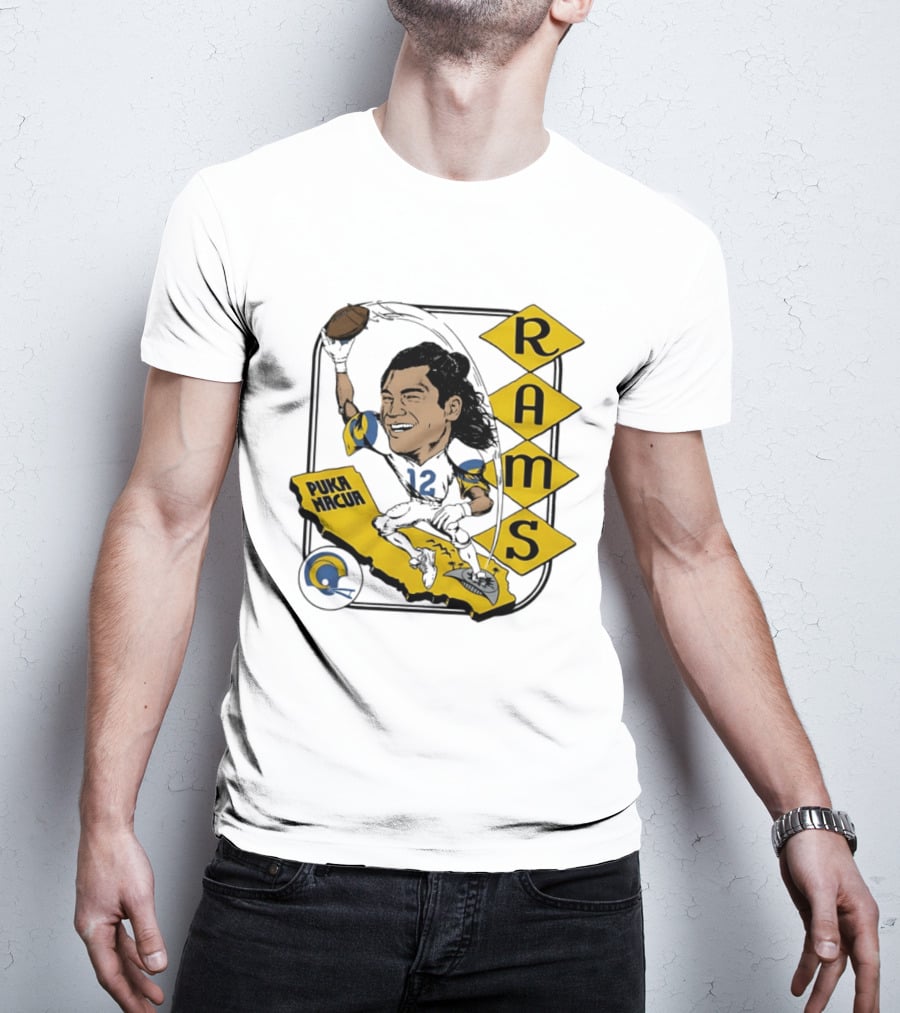 Los Angeles Rams Puka Nacua Caricature Football Player California Map T-Shirt