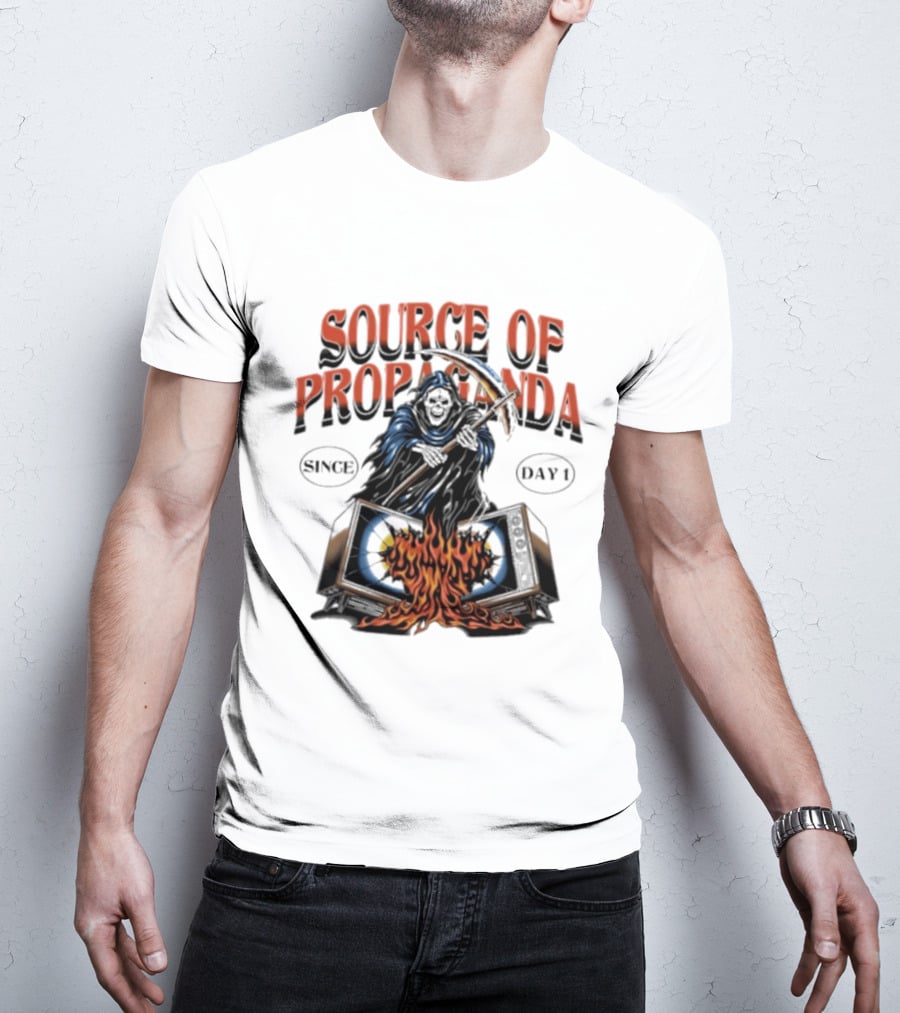 Source Of Propaganda Since Day 1 Grim Reaper Over Burning Television T-Shirt