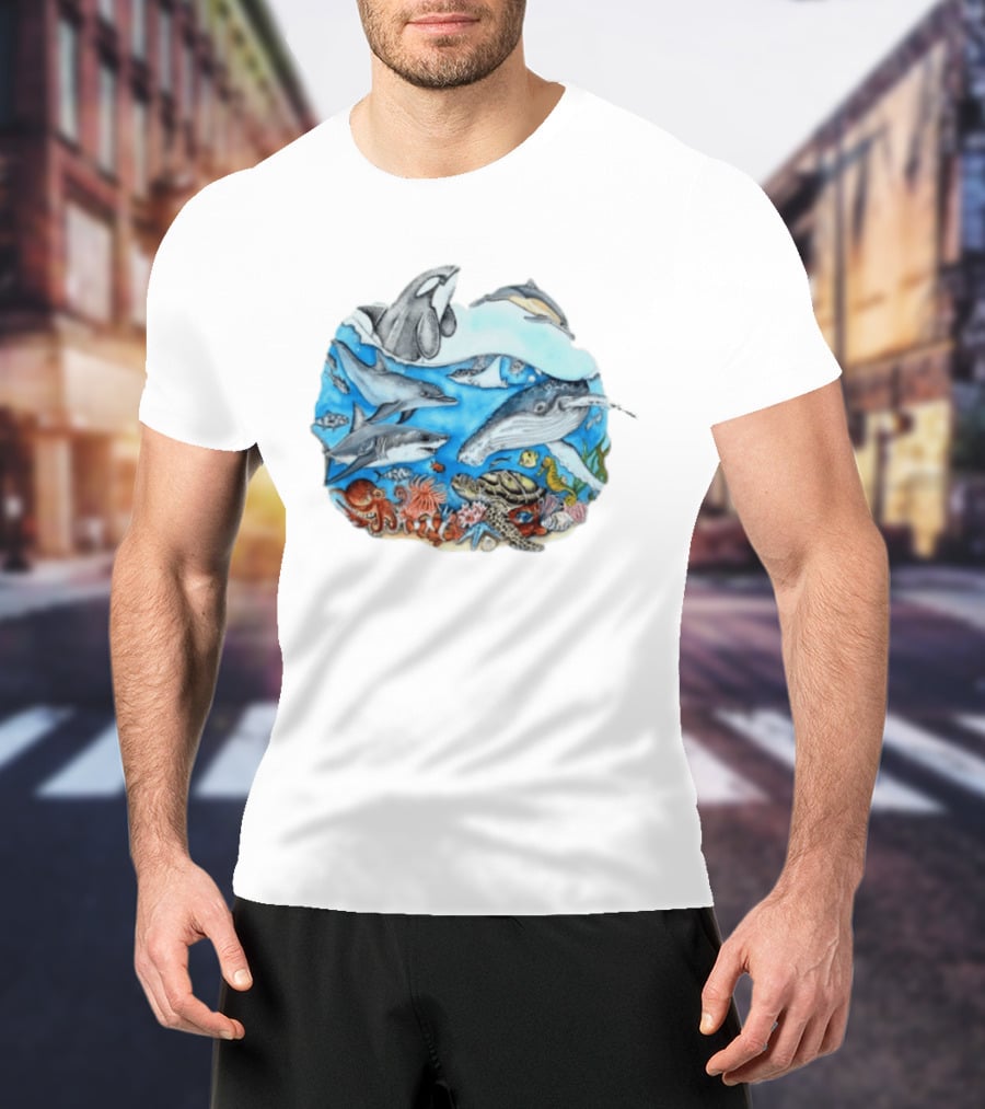 World Oceans Day Marine Life Dolphins Whales Turtles Octopus Coral Sea Animals Conservation T-Shirt