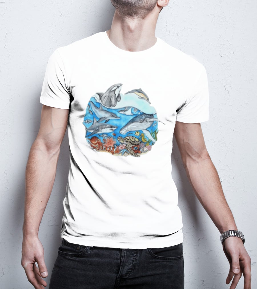 World Oceans Day Marine Life Dolphins Whales Turtles Octopus Coral Sea Animals Conservation T-Shirt