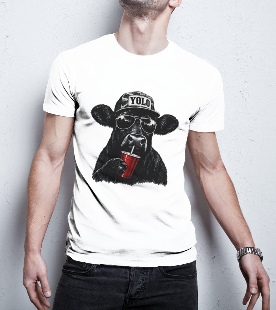 YOLO Angus Cattle With Sunglasses And Red Cup Western T-Shirt