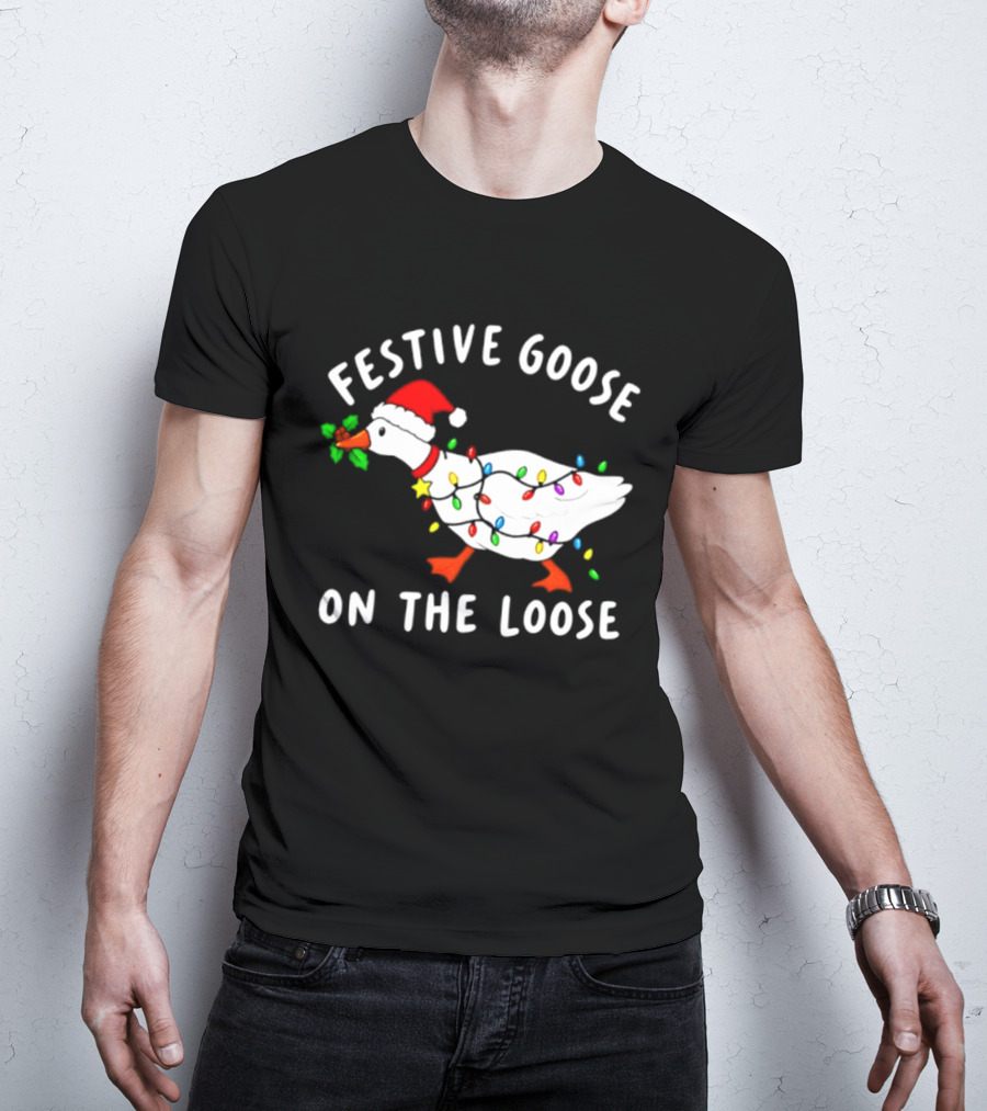 Festive Goose On The Loose With Christmas Lights And Santa Hat T-Shirt