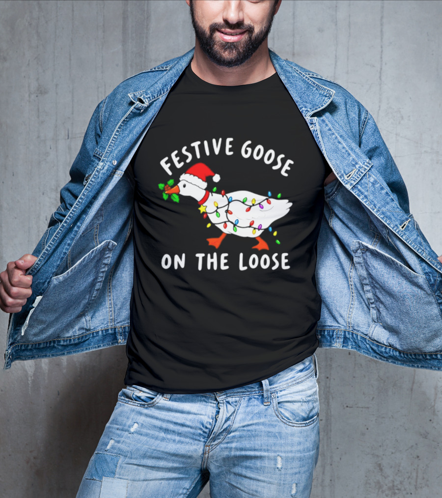 Festive Goose On The Loose With Christmas Lights And Santa Hat T-Shirt