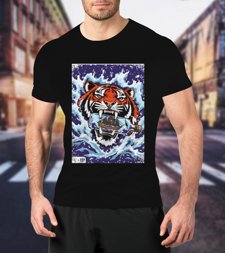 Bengals Vs Buccaneers Tiger And Pirate Ship Battle In A Bottle T-Shirt