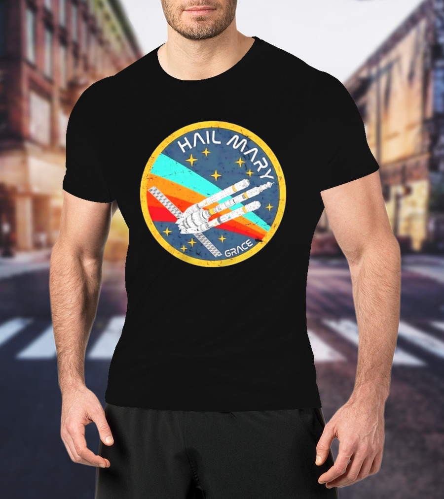 Hail Mary Grace Project Space Mission Emblem Retro Rocket T-Shirt