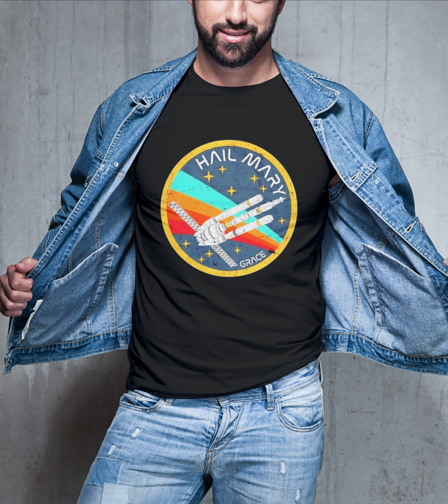 Hail Mary Grace Project Space Mission Emblem Retro Rocket T-Shirt
