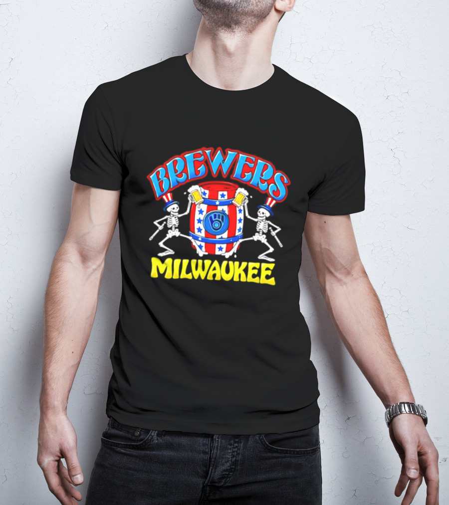 Brewers Milwaukee Skeleton Patriotic Barrel T-Shirt
